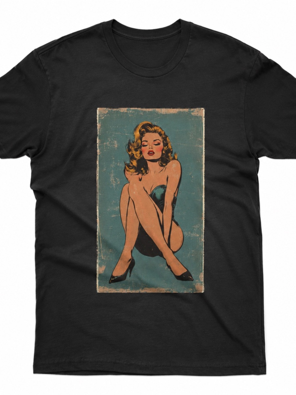 Vintage Pin-Up 70s Graphic Tee in Black for Women Size M